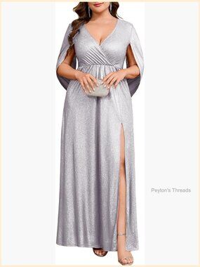 Plus Size Sparkly Formal Maxi Dress Cape Sleeve V Neck Side Split
